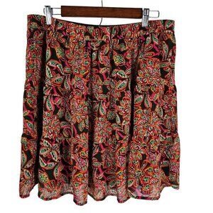J. Crew Floral Boho Pink Green Print Skirt Large Tired Ruffle Knee Length Flowy